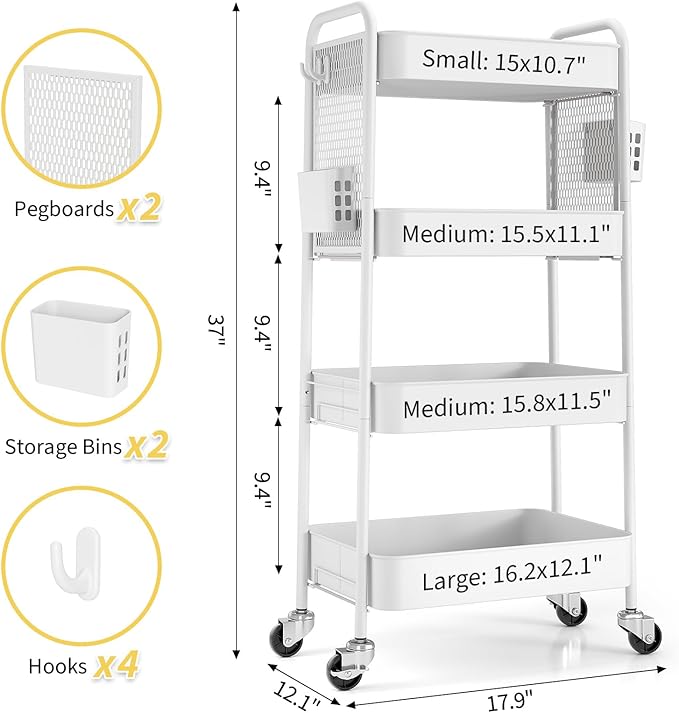 TOOLF 4 Tier Rolling Cart with Pegboard, Metal Storage Organizer Cart with Wheels, Hooks & Bins Esthetician Craft Art Sturdy Storage for Bathroom, Kitchen, Office, Nursery Diaper