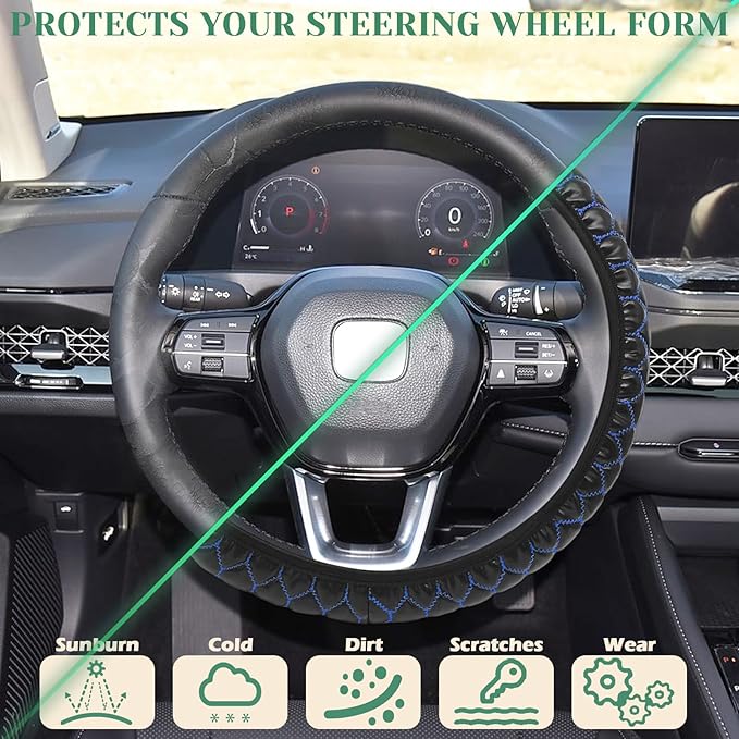 Elastic Stretch Steering Wheel Cover Soft Steering Wheel Protector, Universal 15 inch, Microfiber Breathable Leather, Anti-Slip, Easy Carry, Black with Blue Stitch