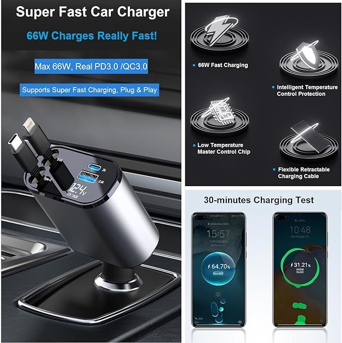 Retractable Car Charger - 4-in-1 Fast Car Phone Charger USB C and Lightning Cords 66W Cigarette Lighter Chargers Adapter for iPhone 15 14 13 12 Pro Max iPad Android Galaxy S24 S23 Pixel Tablet