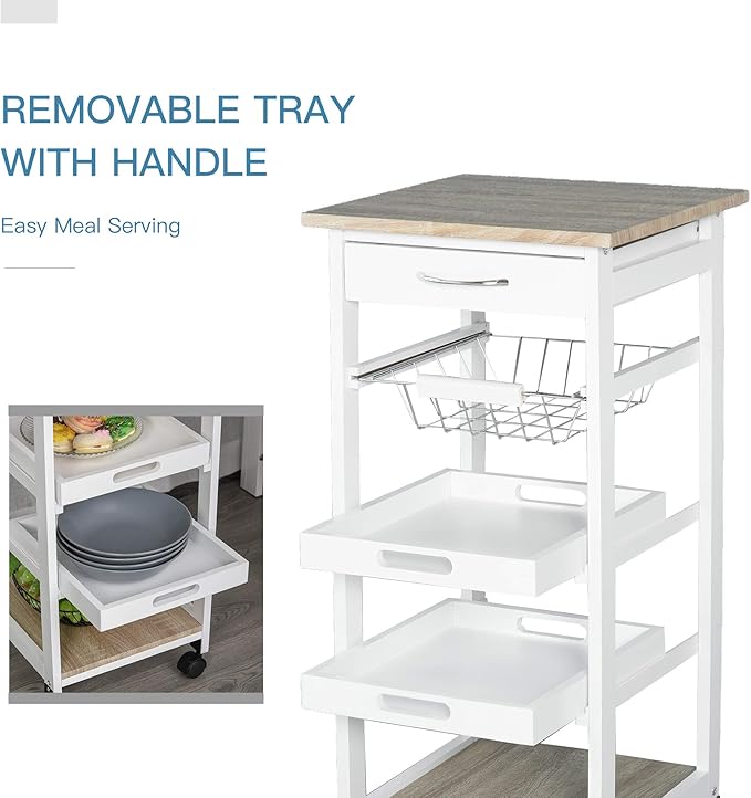 HOMCOM Mobile Kitchen Cart, Rolling Kitchen Island with Storage, Solid Wood Frame Utility Cart with Wire Fruit Baskets, Trays and Drawer, White