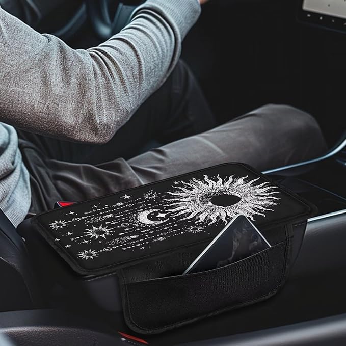Dreaweet Center Console Cover Cute Sun and Moon Car Accessories for Women,Soft Car Armrest Cushion with Pockets Comfortable Car Arm Rest Cover Pad Washable Console Covers for Truck SUV
