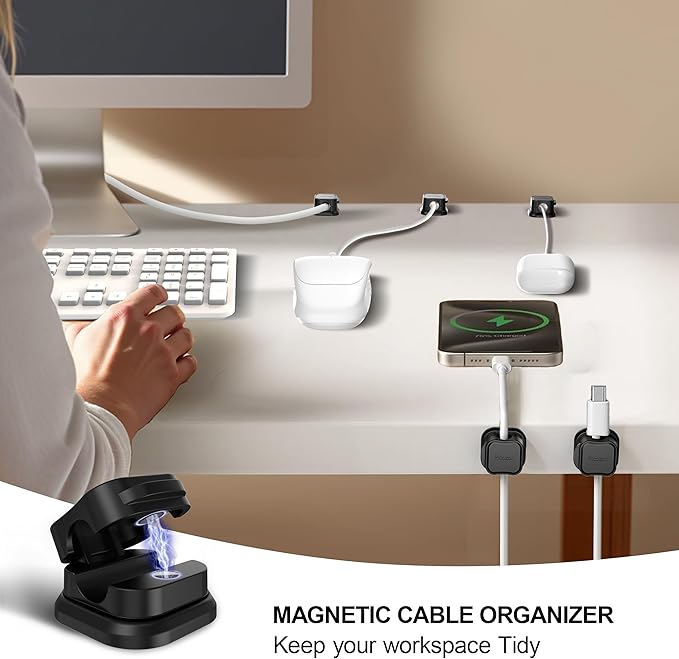 8 Pack Magnetic Cable Clip Organizer Cord Holder, Picozon Adhesive Cable Management, Wire Phone USB Charger Cable Holder, Keeper Organizer for Office Home Desktop Table - Black