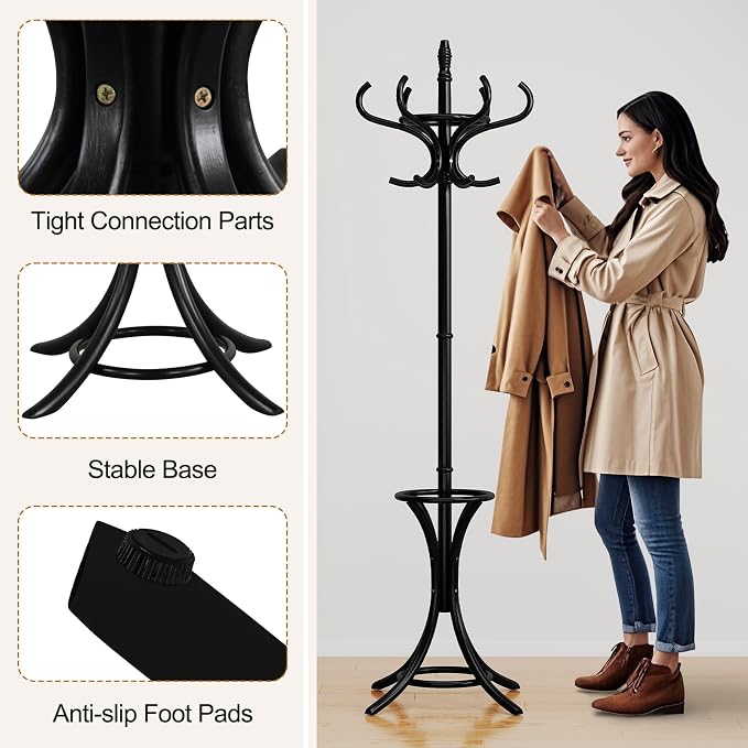 Giantex Solid Wood Coat Rack, Freestanding Hall Tree w/12 Hooks, Umbrella Holder, Entryway Hanger Stand for Coat, Hats, Scarves, Bags, Wooden Garment Rack for Bedroom, Hallway (Black)