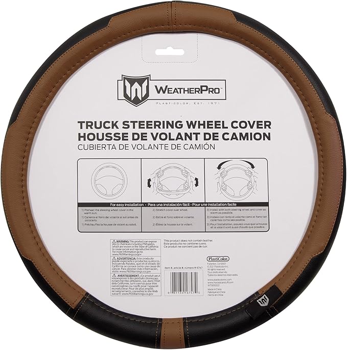 Plasticolor 006747R01 WeatherPro Larger-Sized Truck Black/Brown Steering Wheel Cover
