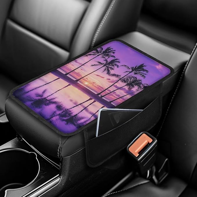 Dreaweet Purple Beach Palm Tree Center Console Cover with Pockets,Hawaiian Style Car Armrest Cover for Women Soft Car Arm Rest Cover Pad,Universal Center Covers for Car SUV Trucks