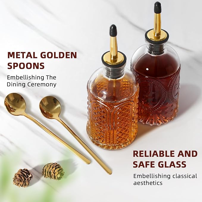 Coffee Syrup Dispenser Bottles, 6 Pack Glass Syrup Dispensers for Coffee Bar, 7.4 Fl Oz Small Maple Syrup Container Set with Golden Spoon, Vintage Oil Dispenser Bottle for Kitchen