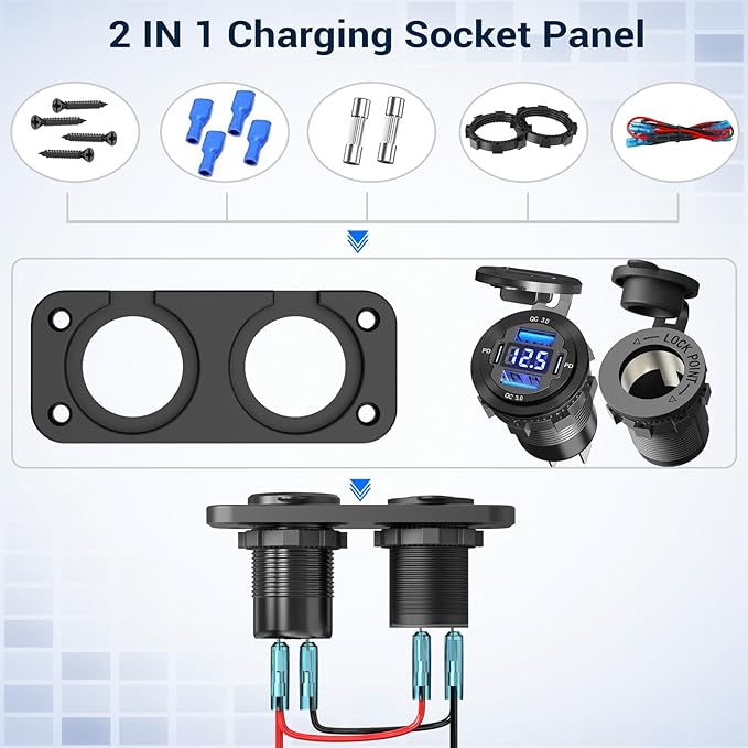Qidoe Cigarette Lighter Socket 12 Volt USB Outlet Dual 30W PD & Dual Quick Charge 3.0 18W, 300W Socket Aluminum Metal Charger Panel with LED Voltmeter for Marine Car RV Motorcycle Golf Cart, etc