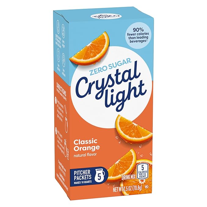 Crystal Light Drink Mix, 5 Pitcher Packets, for Flavorful Hydration and Shareable Refreshment, Classic Orange Natural Flavor, Zero Sugar, Low Calorie, 2.5 oz
