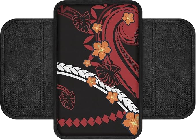 CLOHOMIN Red Polynesia Car Armrest Storage Box Pad Orange Hibiscus Center Console Armrest Cover for Most Vehicles Easy to Install Auto Armrest Covers Accessories with 2 Storage Pockets