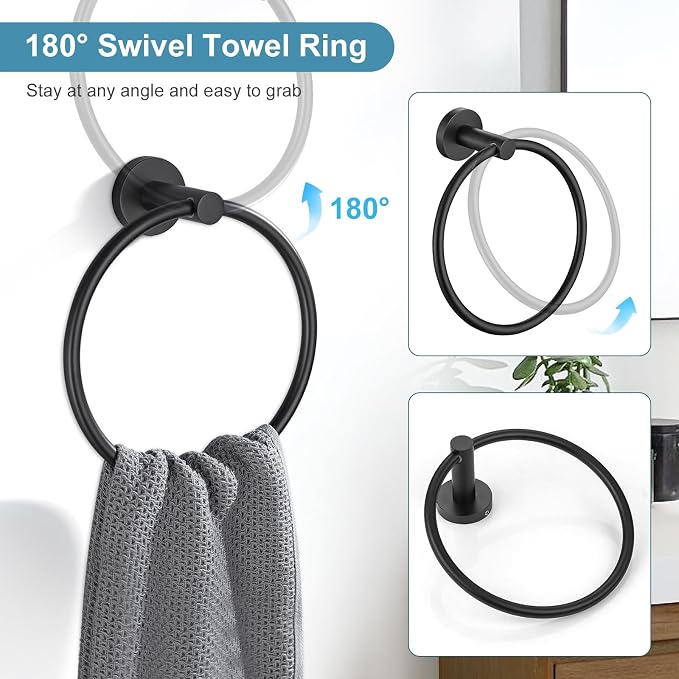 TQKAG Matte Black Bathroom Hardware Set 6-Piece Bathroom Accessory Set 23.6 Inch Round Stainless Steel Towel Bar Set Wall Mounted