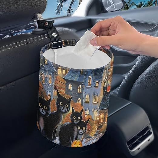 Castle Cat Vehicle Trash Can Mini Car Trash Bin Car Organizer for Back Seat, Floor, or Hanging Headrest Car Decor Road Trip Essentials
