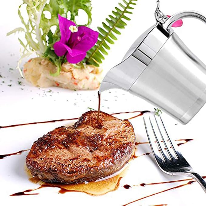 Double Insulated Gravy Boat - Stainless Steel Sauce Jug with Hinged Lid Hinged Lid Ideal for Gravy or Cream at Thanksgiving (750ML/26 OZ)