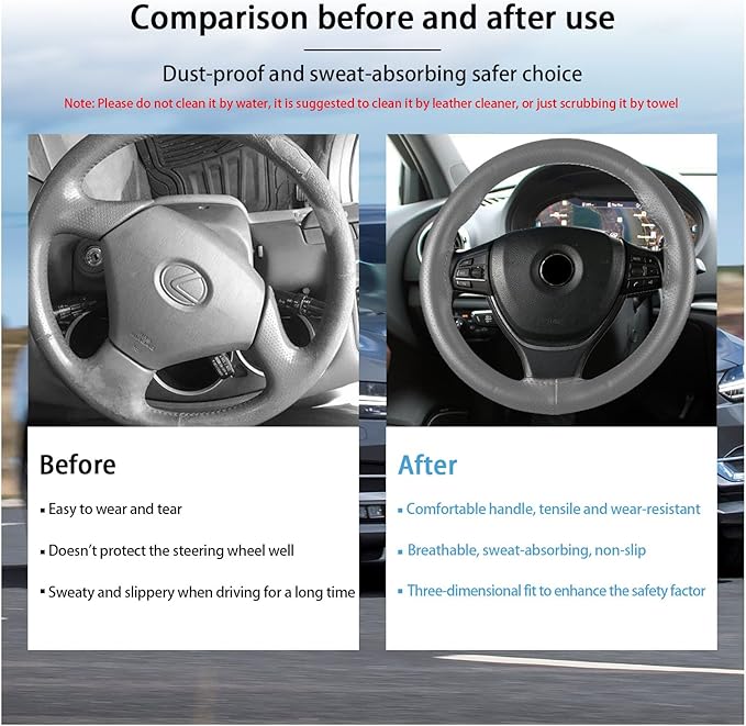 Kewucn Genuine Leather Steering Wheel Cover, 15" Universal Car Steering Wheel Protector with Needle Thread, Breathable Anti-Slip Steering Wheel Cover DIY Stitch on Wrap (Gray, Full Hole)