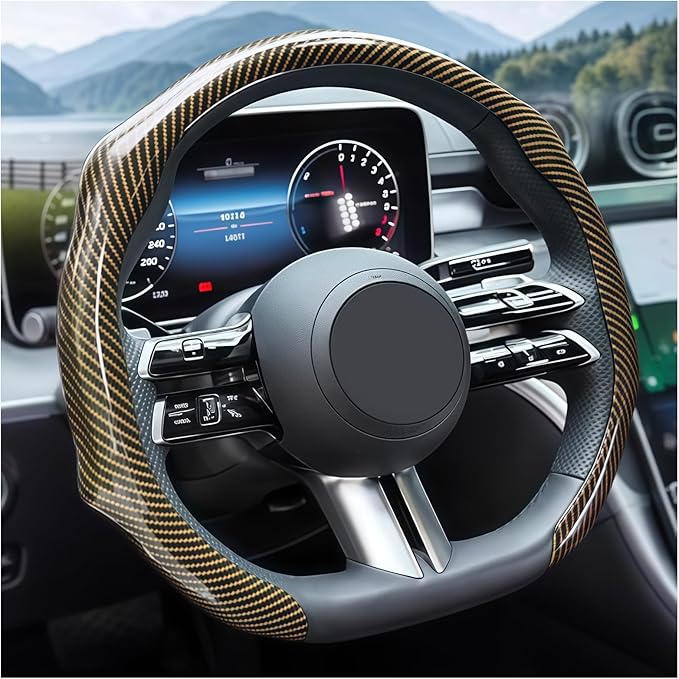 Carbon Fiber Car Steering Wheel Cover, Leather Non-Slip Vehicle Steering Wheel Cover for 14.5-15 Inch, Comfortable Auto Interior Protector Decoration Accessories, Universal Fit(Gold)
