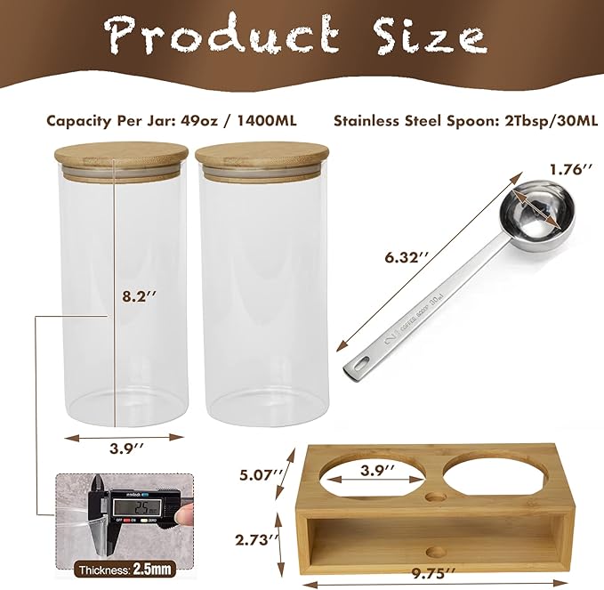 Glass Coffee Containers With Shelf - Coffee Bar Organizer And Accessories, Coffee Jars With Spoon, 2x 49oz Airtight Sealed Coffee Canister For Coffee Bean, Ground Coffee, Nuts