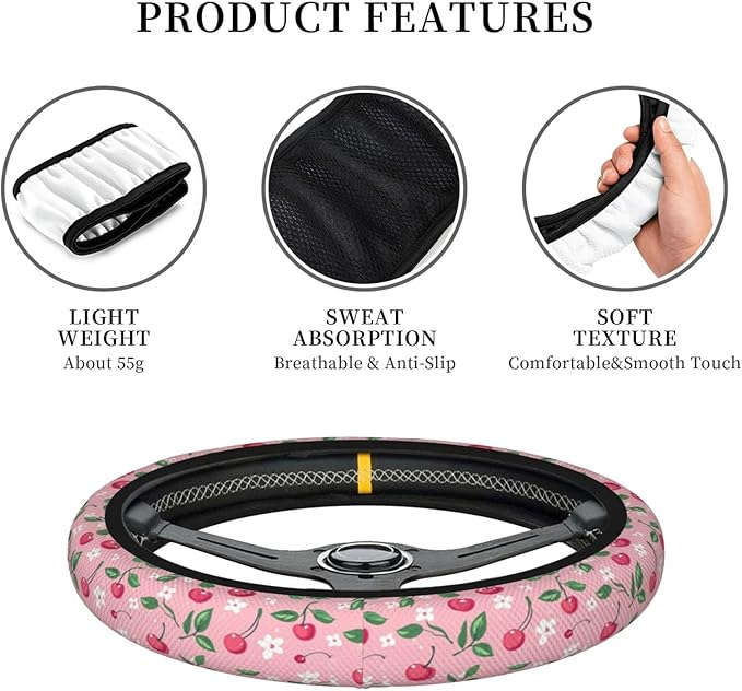 Cherries White Flowers Steering Wheel Cover for Women Men Girls, Car Accessories Decor Thickened Anti-Slip Auto Steering Wheel Covers Protector Universal Fit 15 Inch for Cars, Truck, SUV