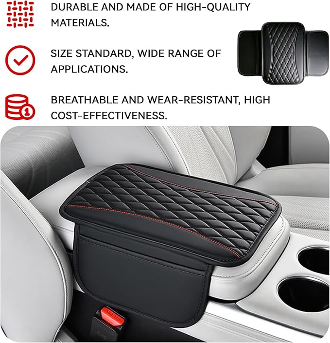 Patchwork Leather Center Console Cover, Upgraded Car Armrest Cover with 2 Storage Bags, Universal Arm Rest Covers for Car, Vehicle Interior Accessories Middle Console Cushion Organizer (Black)