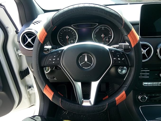 Jdragon Black & Orange PU Leather Best Grip Slip-On Steering Wheel Cover 14.25-15" Diameter
