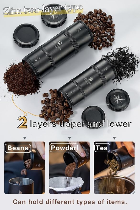 CAMPINGMOON 2-Layer Portable Coffee Bean Storage Canister Airtight Duralumin Coffee Travel Container Camping Lightweight Slim Mini Tea Caddy CNC Machined Metal Spice Jar Black M 27g 54g CC-51-BK