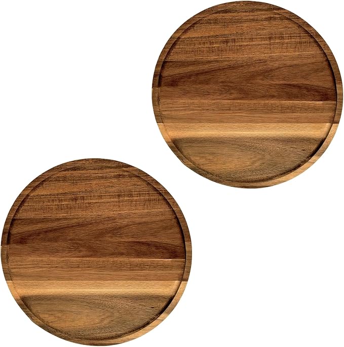 Set of 2 Round Wooden Decorative Serving Tray 13.8 Inch for Coffee Table and Home Decor, Round Wood Tray for Table Centerpiece, Small Candle Tray, Acacia, Appetizer Charcuterie Board