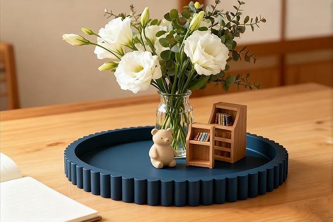 Handmade 12in Decorative Tray for Coffee Table Tray Decor, Blue Wooden Decorative Round Tray for Kitchen, Living Room, Home Decor