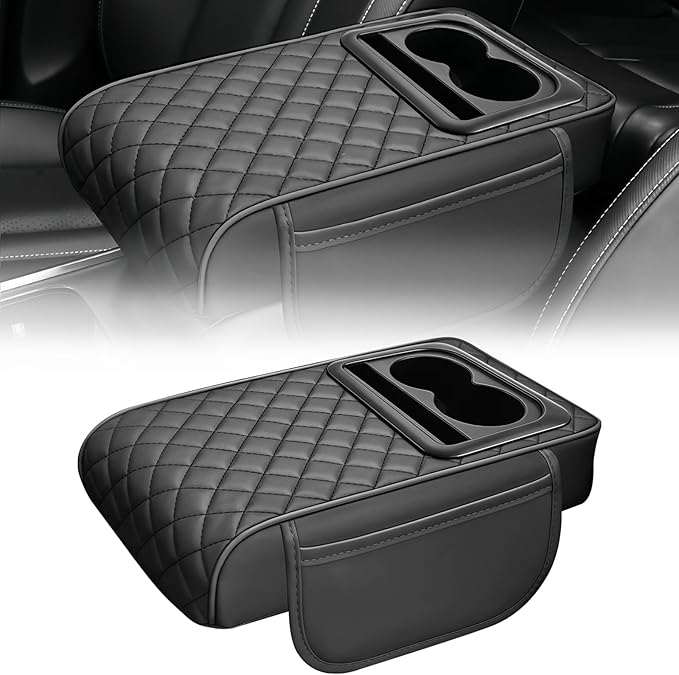 Car Center Console Armrest Cushion, Memory Foam Ergonomic Car Arm Rest Cushion with Cup Holder & Phone Storage& 2 Sided Pockets, Waterproof Leather Armrest Box Protector, 13.78" x 7.78" (Black)