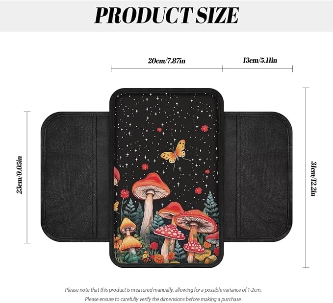 Dreaweet Mushroom Car Accessories Armrest Cover for Truck SUV Van,Black Center Console Covers with Pockets,Soft Comfy Arm Rest Cover Pad Universal Fit