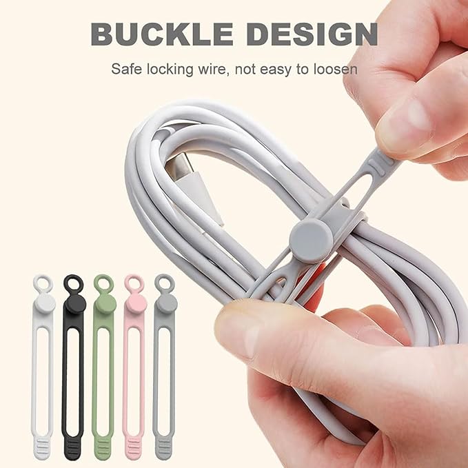 Silicone Cable Ties, Data Cable Organizer Reusable Cable Management Organizer, Multipurpose Elastic Cord Organizer for Bundling and Fastening Cable Cords Wires for Travel/Office/Home (White, 10Pack)