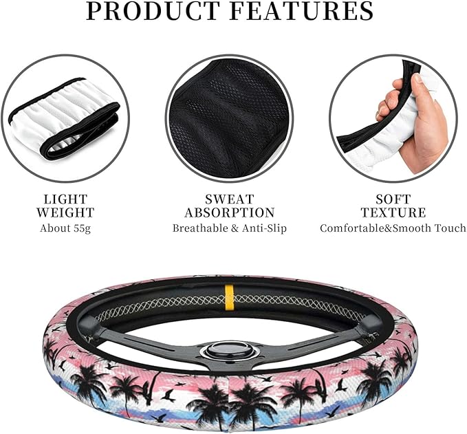 Black Palm Trees Birds Steering Wheel Cover for Women Men Girls, Car Accessories Decor Thickened Anti-Slip Auto Steering Wheel Covers Protector Universal Fit 15 Inch for Cars, Truck, SUV
