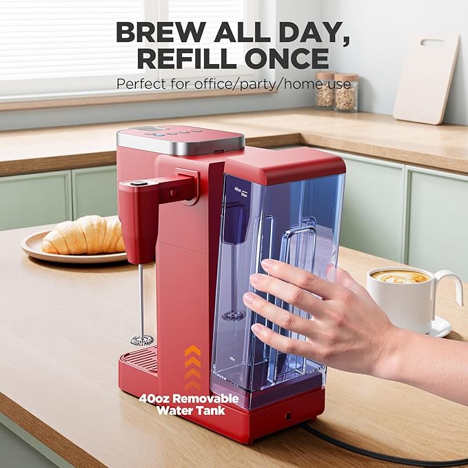 Single Serve Coffee Maker with Built-in Detachable Milk Frother, Iced and Hot Coffee Machine for K Cup & Grounds, 40oz Removable Water Reservoir, 6 Cup Sizes, Fits 7.3" Travel Mug, Red