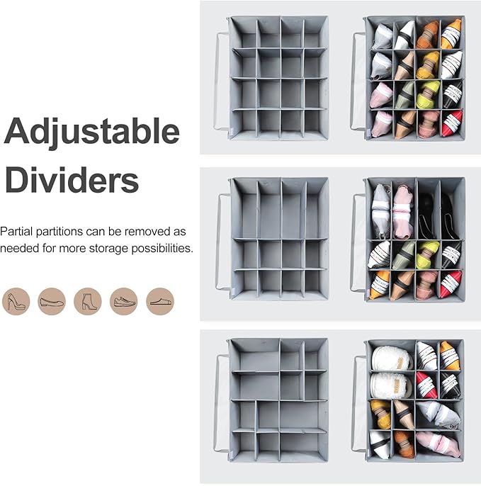 TOPIA HOME Shoe Organizer for Closet 2 Pack, Foldable Shoe Box with Adjustable Dividers and Clear Cover, Space Saving Shoe Storage Organizer Cabinet with Reinforced Handles, Fits 32 Pairs, Gray, TP12G