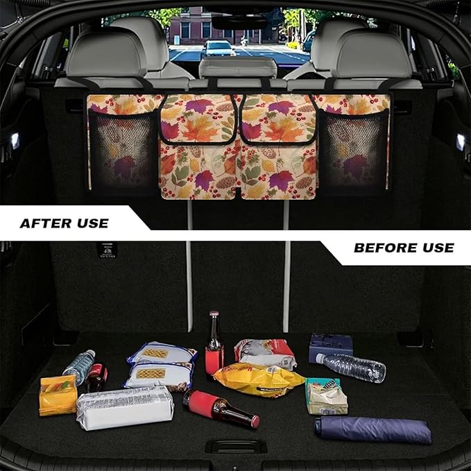 Hanging Car Trunk Organizer, Thanksgiving Maple Leaves Car Back Seat Storage Bag with 4 Pockets Waterproof Auto Interior Accessories for SUV MPV Sedan Truck Jeep
