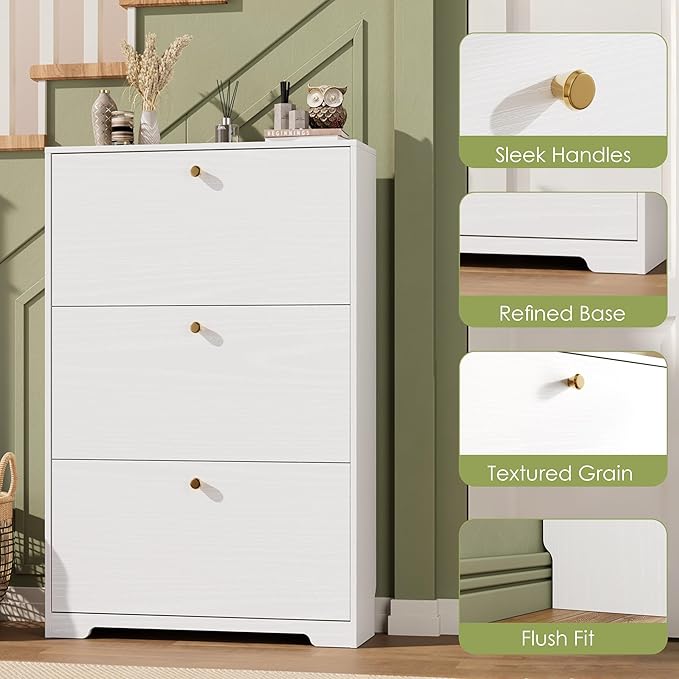 Nicetree Shoe Cabinet with 3 Flip Drawers, Narrow Shoe Organizer Cabinet, Freestanding Shoe Rack Cabinet, Modern Shoe Storage Cabinet for Entryway, Hallway, Foyer, White