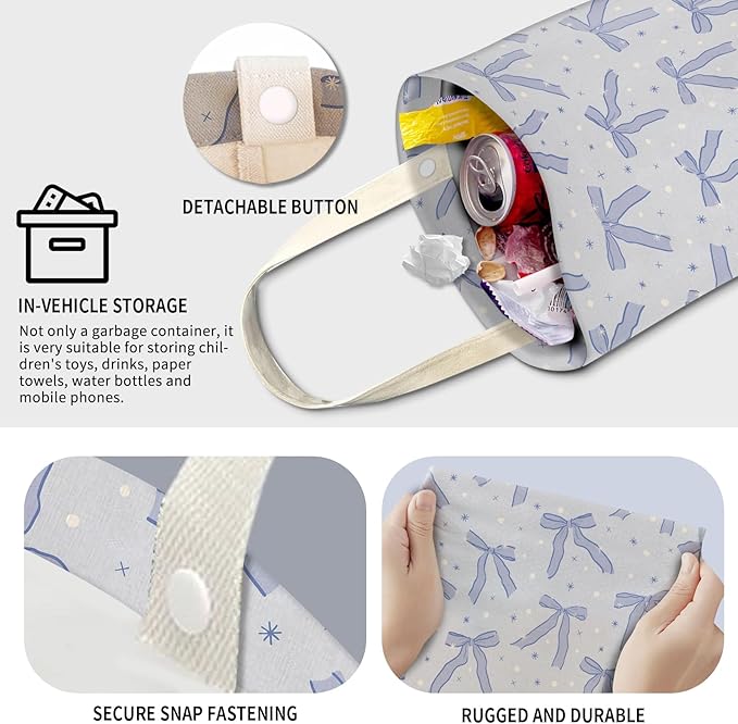 Cute Car Trash Can, Hanging Canvas Car Back Seat Organizer and Storage Bag, Funny Car Trash Bag for Travelling, Outdoor Cute Blue Bow Star