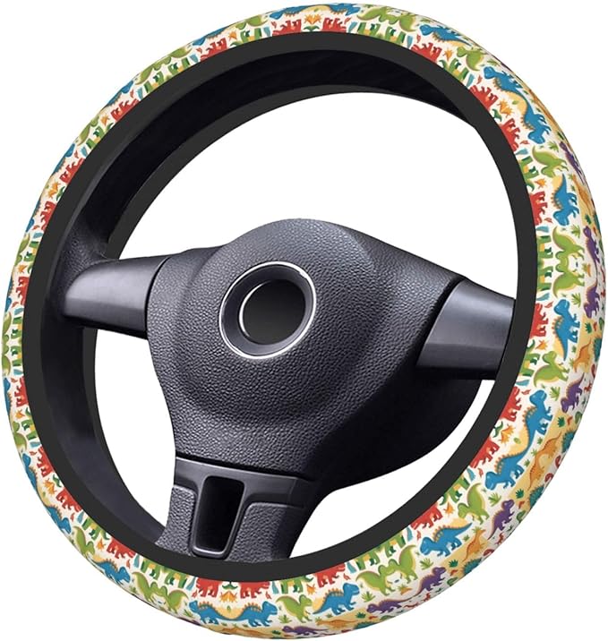 Dinosaur-Cartoon Car Steering Wheel Cover, 15 Inch Steering Wheel Cover Stylish Decor for Most Cars