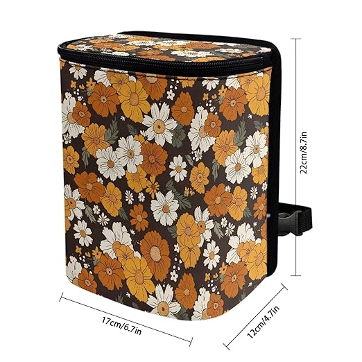 Retro Sunflower Daisy Flower Car Trash Can Hanging Mini Auto Garbage Bin with Lid Washable Leak Proof Automotive Car Rubbish Bags for Back Front Seat，Cottagecore Car Interior Accessory