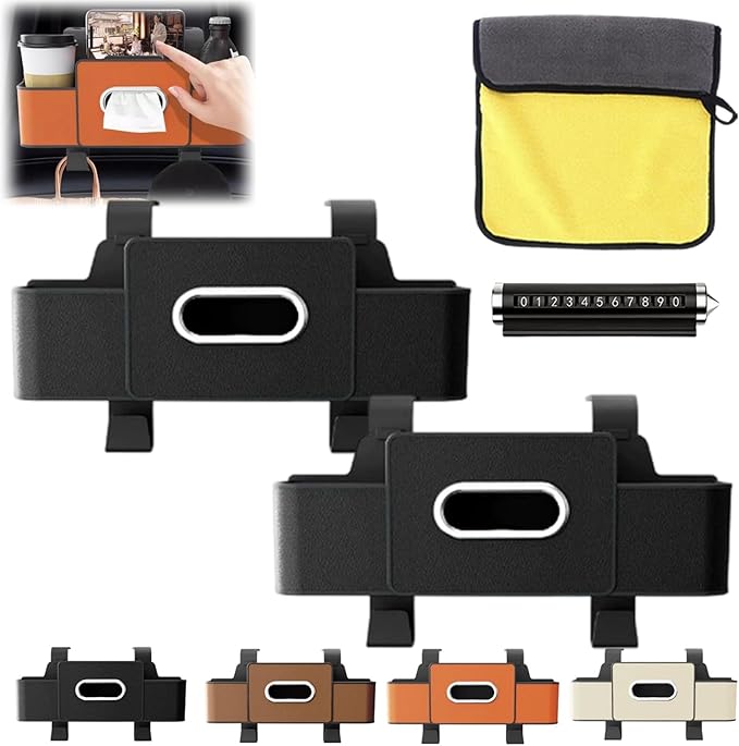 3-in-1 Car Backseat Organizer, Car Organizers and Storage Box with 2 Cup Holders & 4 Hooks, Multifunctional Car Seat Back Storage Box with Tissue Box, for Phone, Snacks, Drinks, Handbag (Black, 2PCS)