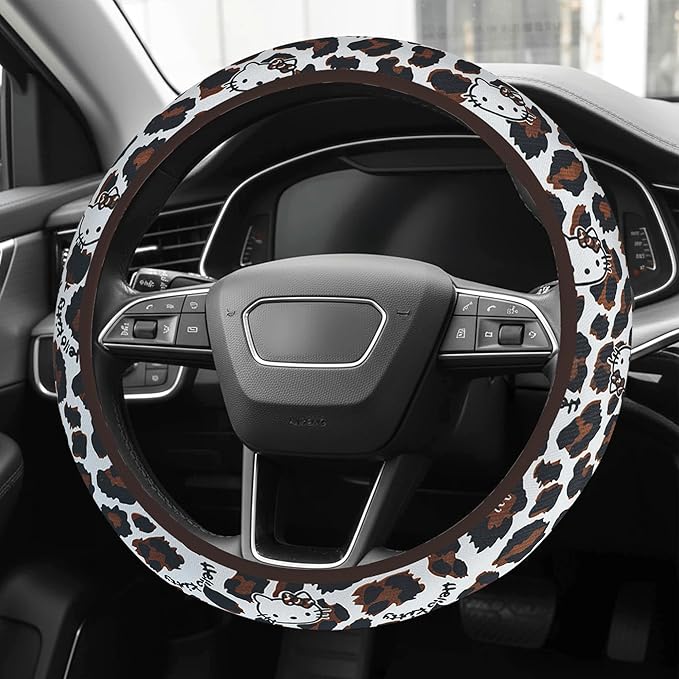 Cute Steering Wheel Cover for Women, Machine Washable Universal 14.5-15.5 inch Non-Slip Grip All Weather Use (Brown Leopard Cats)