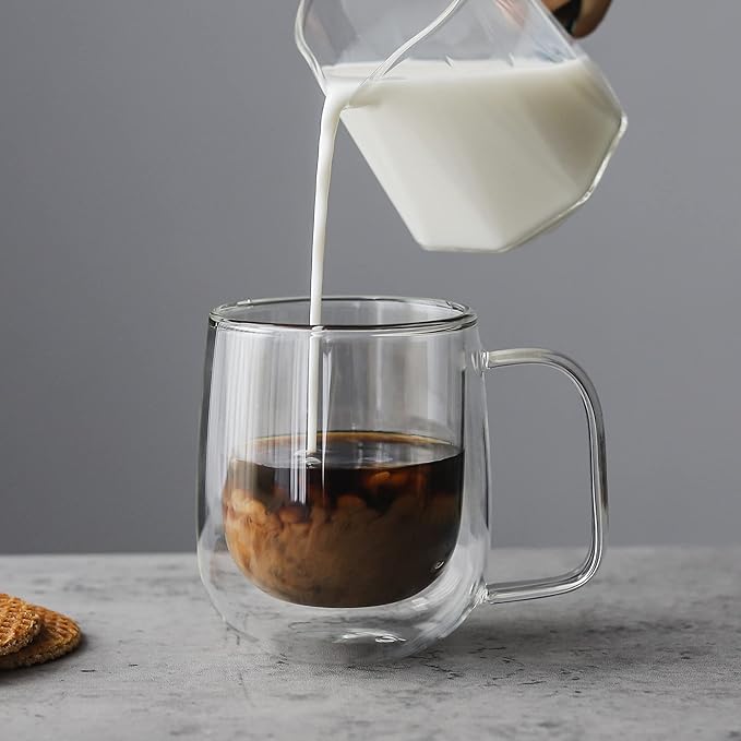 vzaahu Double Wall Coffee Mugs with Handle [2-Pack,12 Oz] 360ml Glasses Espresso Cups of Heat Resistant Clear Glass Mug Set for Cappuccino, Tea, Latte, Ice Beverage