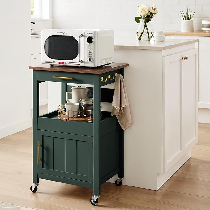 Best Choice Products Rolling Kitchen Island Cart, Single Door Cabinet W/Drawer, Sliding Tray, Outlet, Swivel Lockable Wheels, Hooks, Coffee Cart, Microwave Stand, for Dining Room - Forest Green
