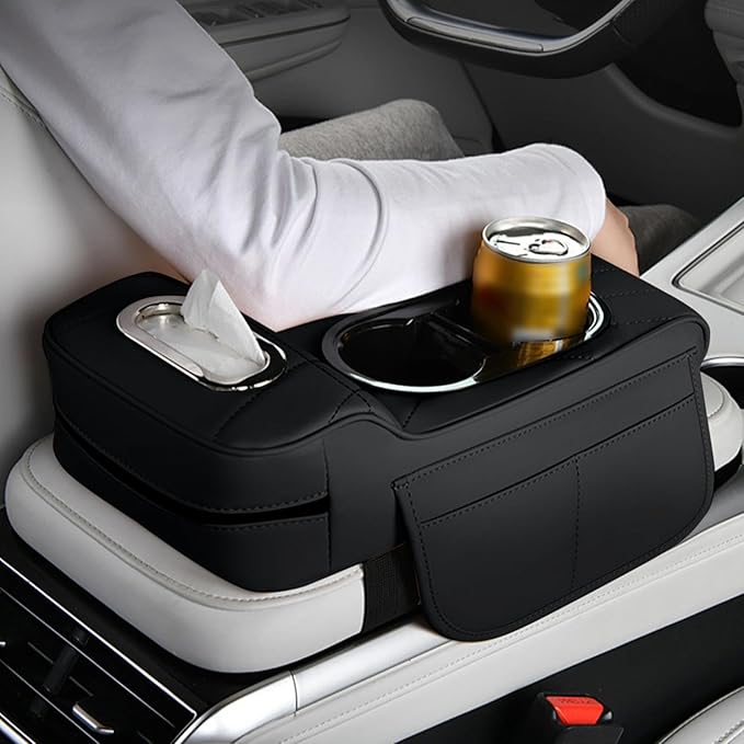 Car Armrest Box Mat, 5-in-1 Center Console Cover Cushion with Cup Holder Tissue Slot, Universal PU Leather Car Box Pad for Sedans Car Accessories Interior Organizers (Multi A01)