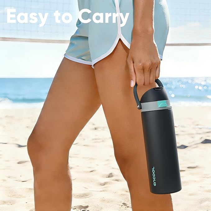 Insulated Water Bottle with Straw - Encool Stainless Steel Water Bottle with Push Button Lid, Leak-Proof & BPA-Free, Keeps Cold for 24 Hours for Sports, Travel, Gym (40 oz, Tuna Grey-Green)