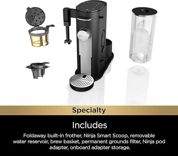 Ninja PB051 Pods & Grounds Specialty Single-Serve Coffee Maker, Compatible with K-Cups, Built-In Milk Frother, 6-oz. Cup to 24-oz. Travel Mug Sizes, Black (Renewed)