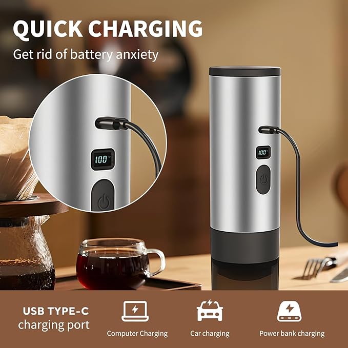 RQUOIRE 3-in-1 Portable Coffee Maker, Espresso Machine, Self-Heating Travel Coffee Maker Compatible with NS, DG Pods & Ground Coffee, Small Mini Espresso Machine for Car Camping, Hiking With Stand