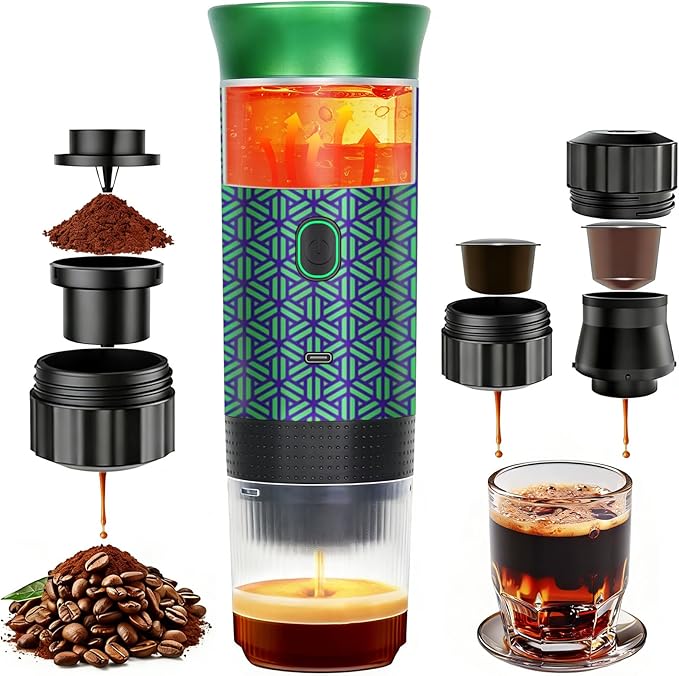 Coffee Maker Gift Set for Camping,Battery Powered Portable Electric Espresso Machine, Rechargeable Coffee Maker Self Heating Ground Coffee Capsule for RV, Hiking (Green mix Black)