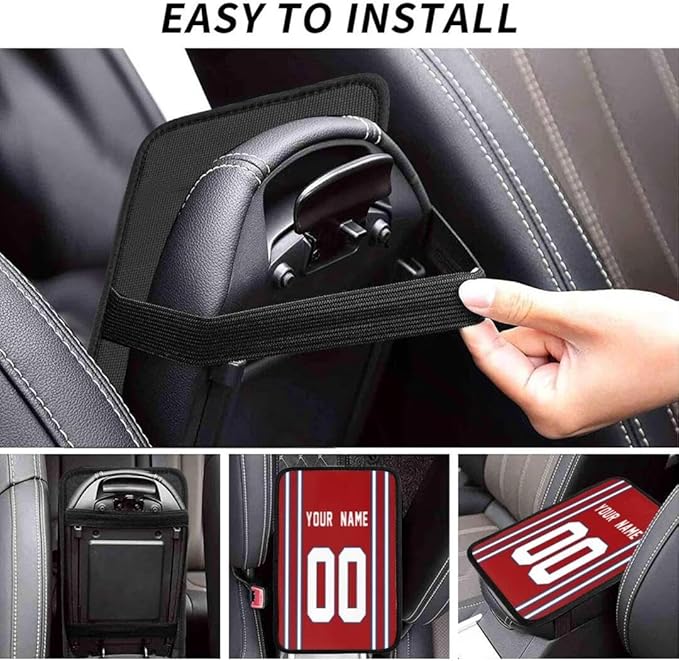 Custom Car Armrest Cover,Add Personalized Name and Number As Gifts for Loyal Football Fans,American Football Auto Center Console Pad Car handrail Box Cushion,Fit for Most Car Seat Box Cover Protector