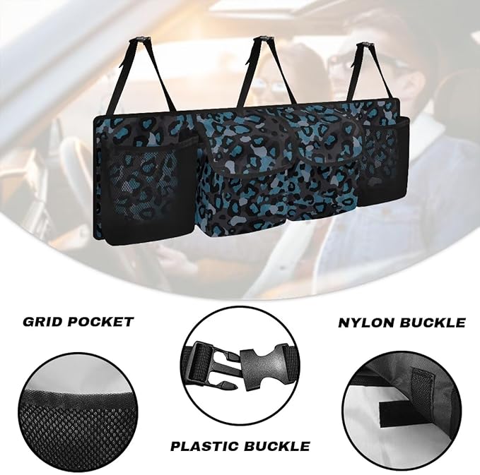 Blue Leopard Backseat Trunk Organizer Waterproof Hanging Car Storage Bag with 4 Pockets & Buckle Straps, Universal Fit Automotive Accessories for SUV Truck Van