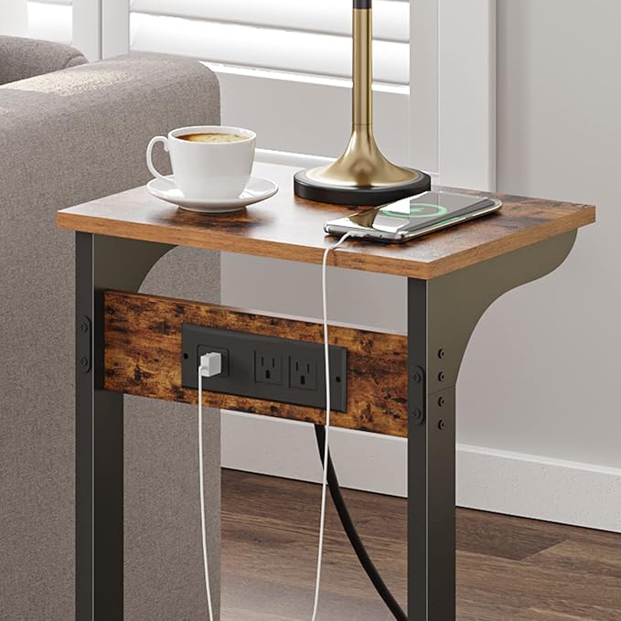 TUTOTAK C Shaped End Table with Charging Station, Side Table, Couch Table for Small Spaces, Tv Tray Table with 2 USB Ports and Outlets, Living Room, Bedroom V1TB01BB044