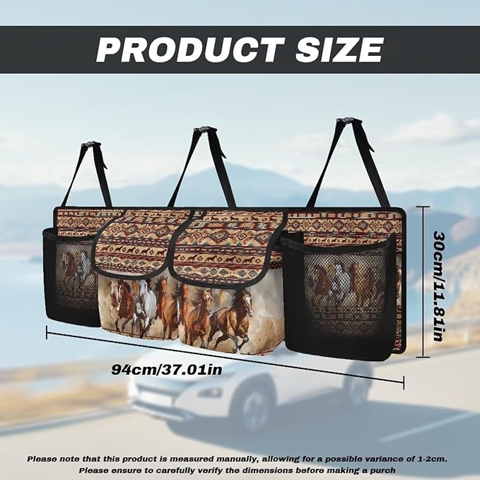 Back Seat Trunk Organizer Running Horses Tribal Hanging Car Organizer Trunk Foldable Cargo Storage with Pockets& 3 Adjustable Straps 37.01x11.81 inch