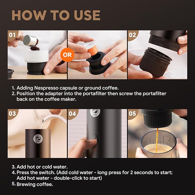 Portable Espresso Maker with Self Heating, 19 Bar Electric Travel Coffee Maker for Camping&Car, 2-in-1 Mini Espresso Machine Compatible with Nespresso Capsules & Ground Coffee, 7800mAh Battery, Black